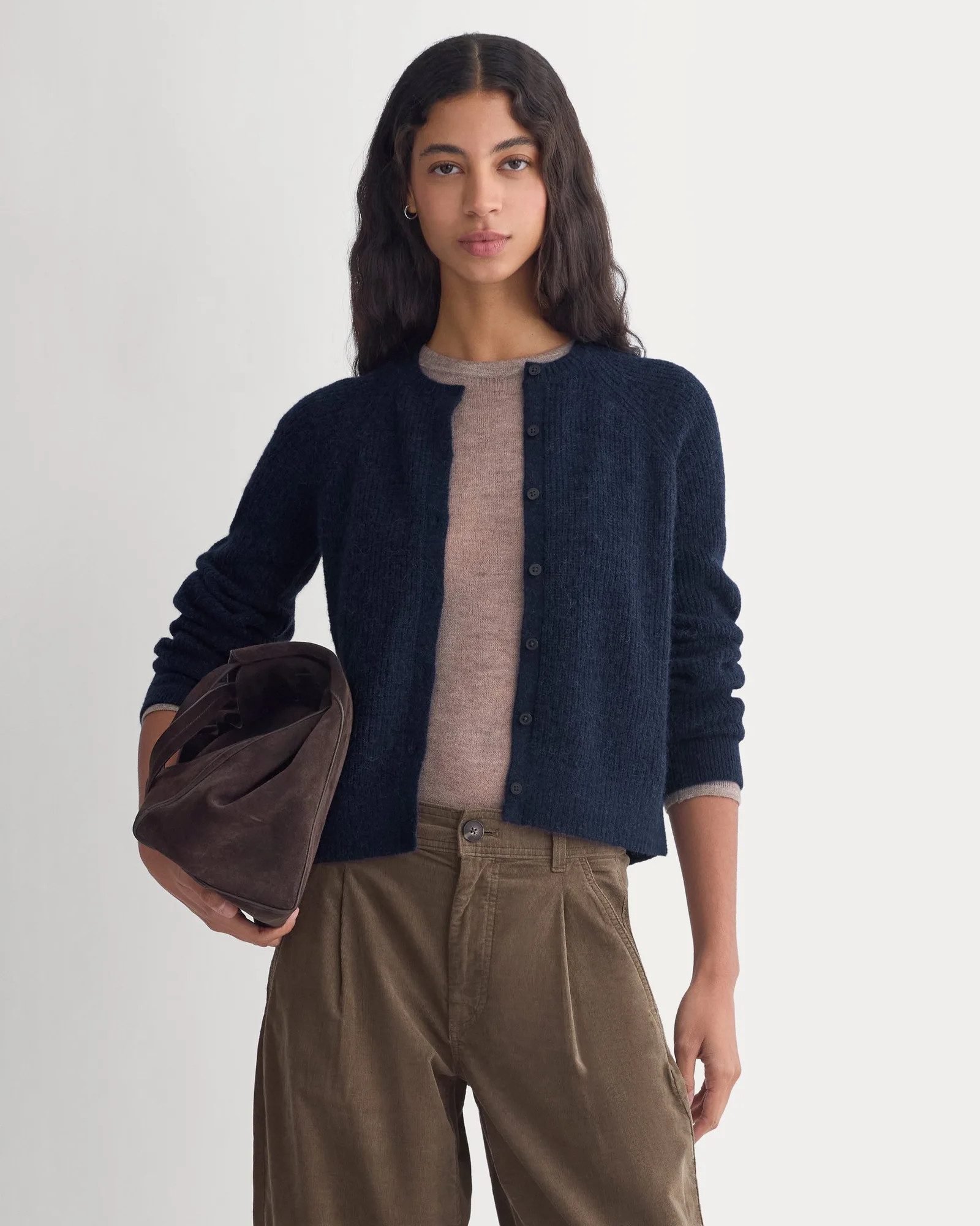 Ribbed Cropped Cardigan in Alpaca | Navy