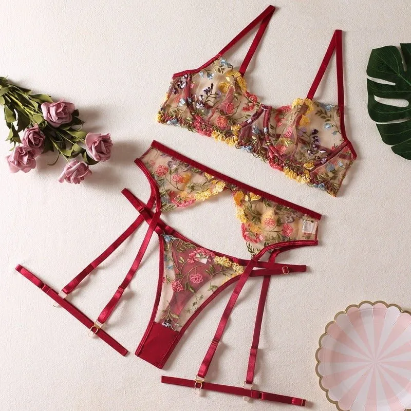 Boho Embroidered Lingerie Set - Wine Red