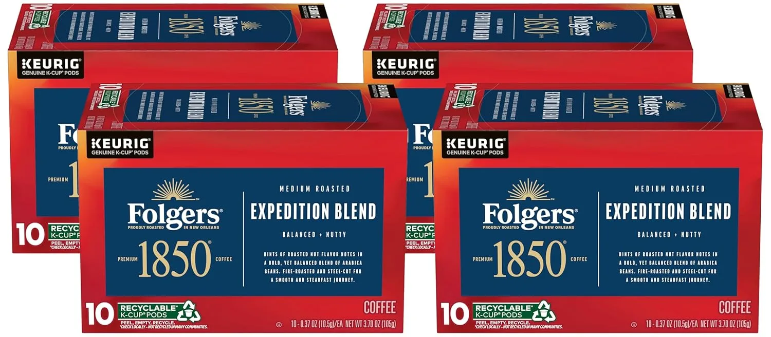 1850 by Folgers Pioneer Blend Medium Roast Coffee, 10 Keurig K-Cup Pods (Pack of 4)