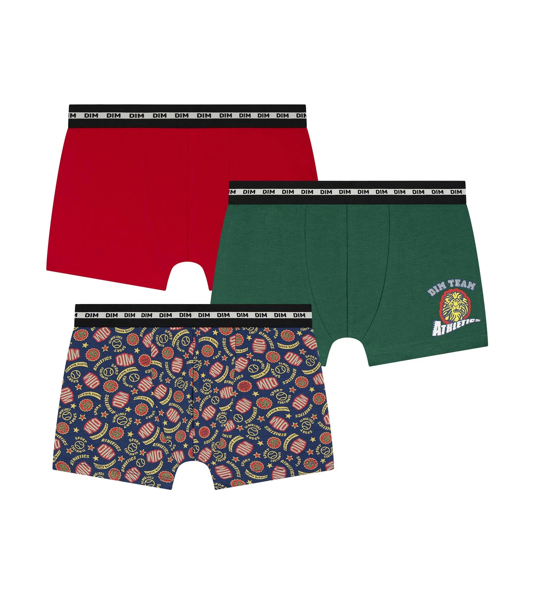 Lot de 3 boxers enfant Rouge Vert logotypés Dim Coton Stretch