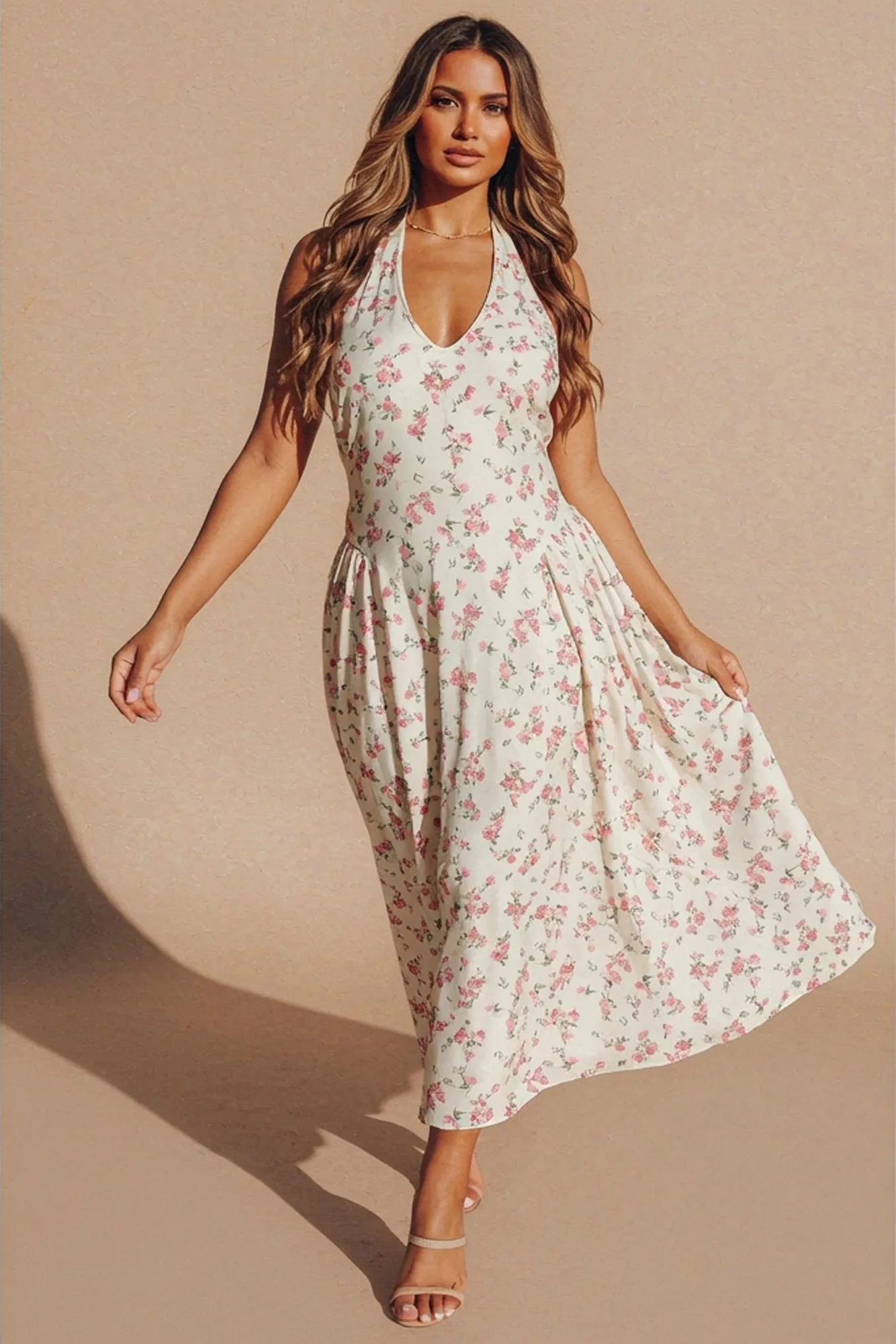 Cream Floral Halterneck Midaxi Skater Dress- Canal