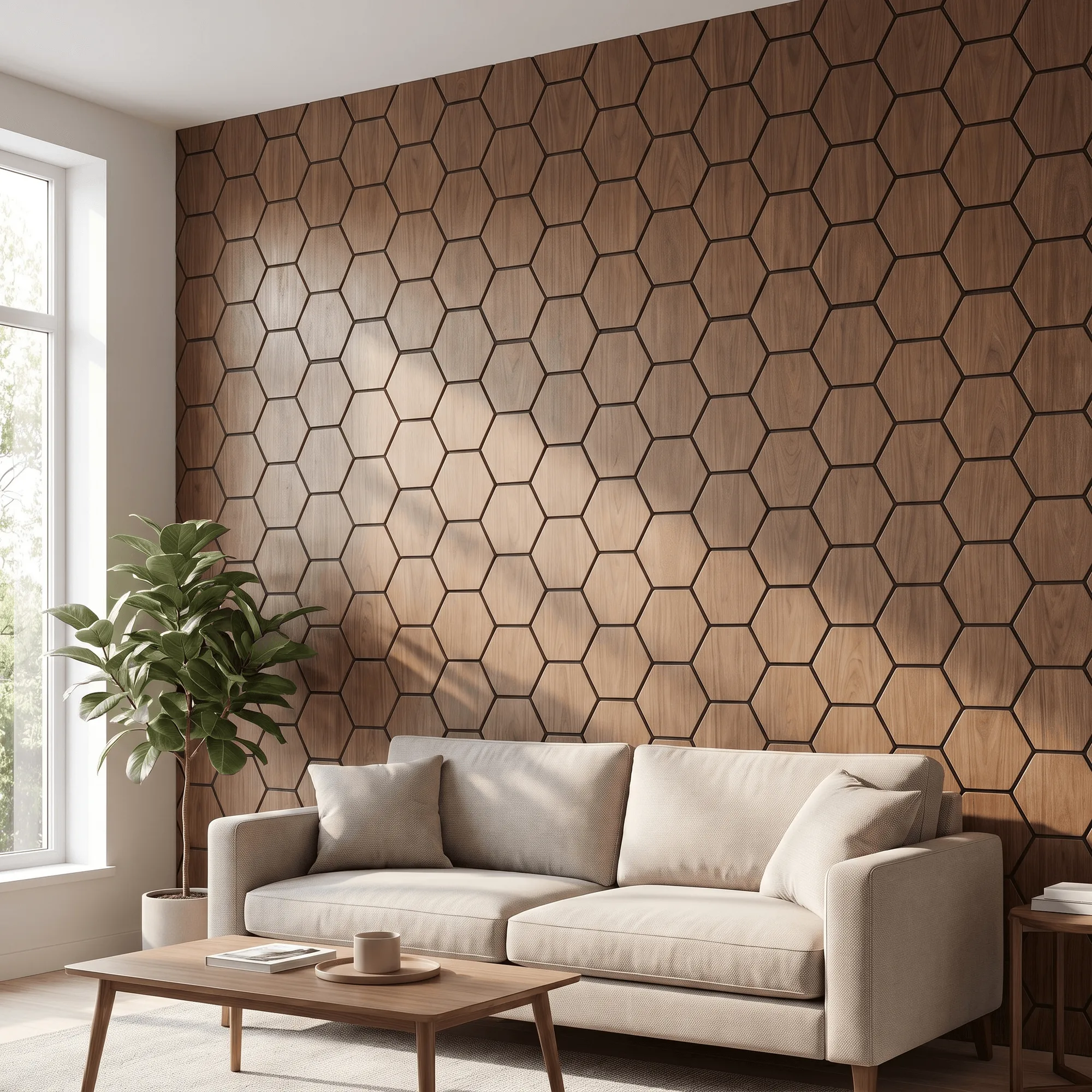 Hexagon Acoustic Panel | Walnut 32 Inch (4 Panels per Box) | Wall Decor