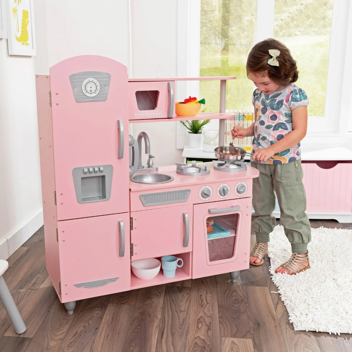 Vintage Play Kitchen - Pink with Stainless Steel Fixtures & Ice Maker