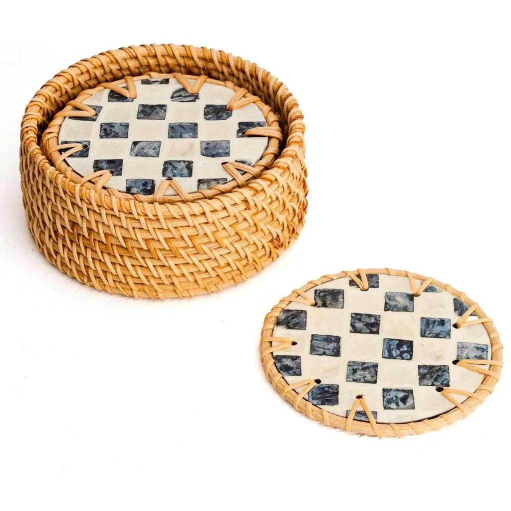 Handmade Natural Rattan & Mother of Pearl Coaster Set (6 Piece + Holder) • Drift