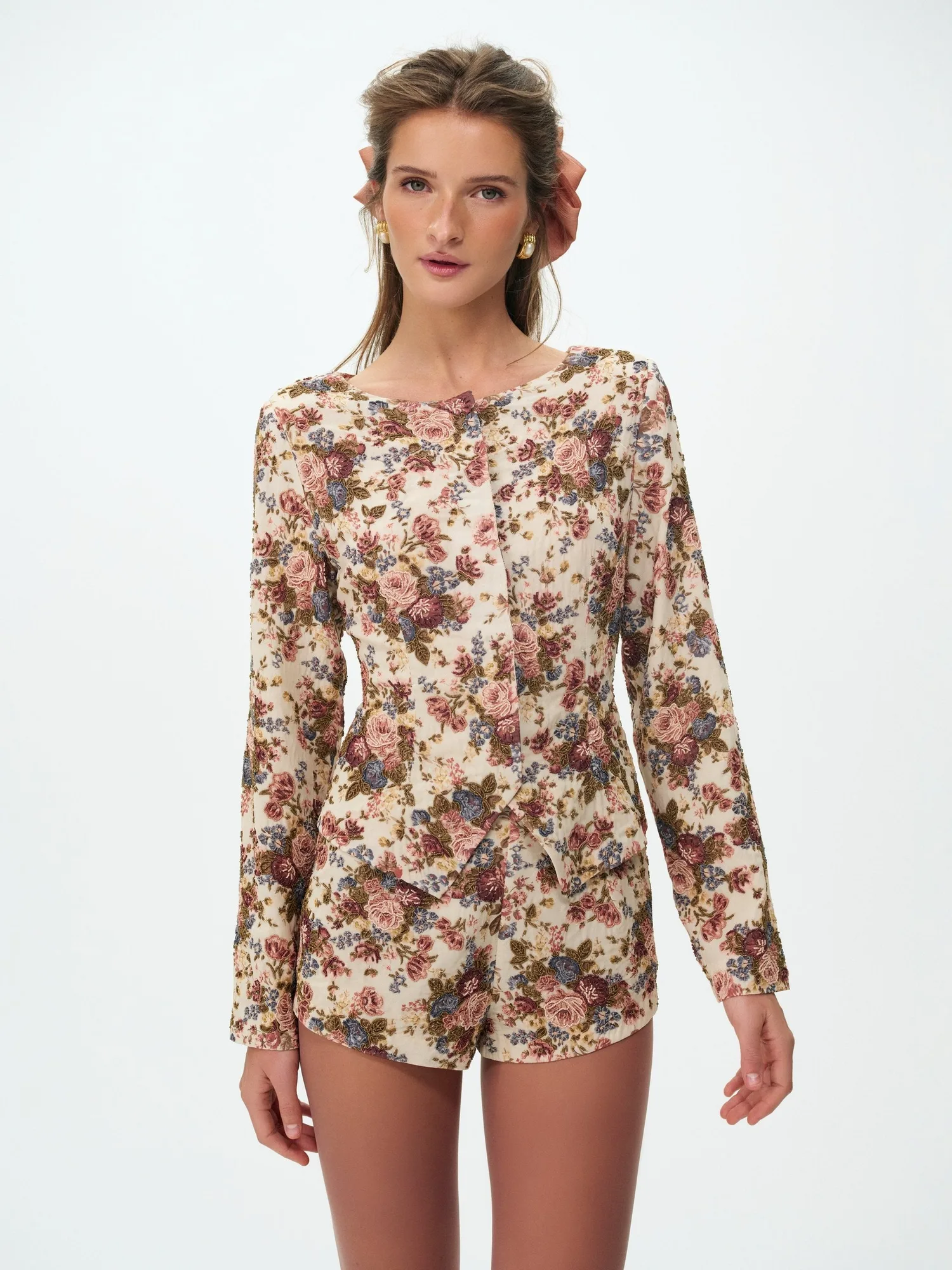 Betsy Floral Beaded Jacket — Cream Brown