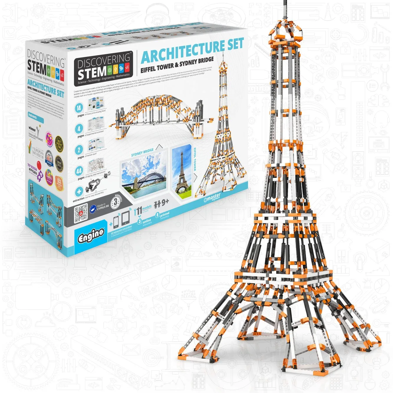 Engino Discovering STEM建築套件:搭建艾菲爾鐵塔與雪梨大橋,工程玩具,9歲以上(可搭建11款模型)