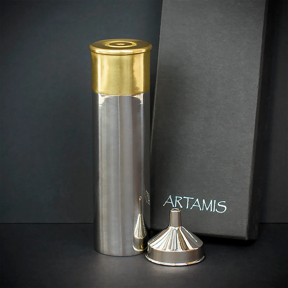 Brass and Polished Steel Hip Flask - 4oz Shotgun Cartridge