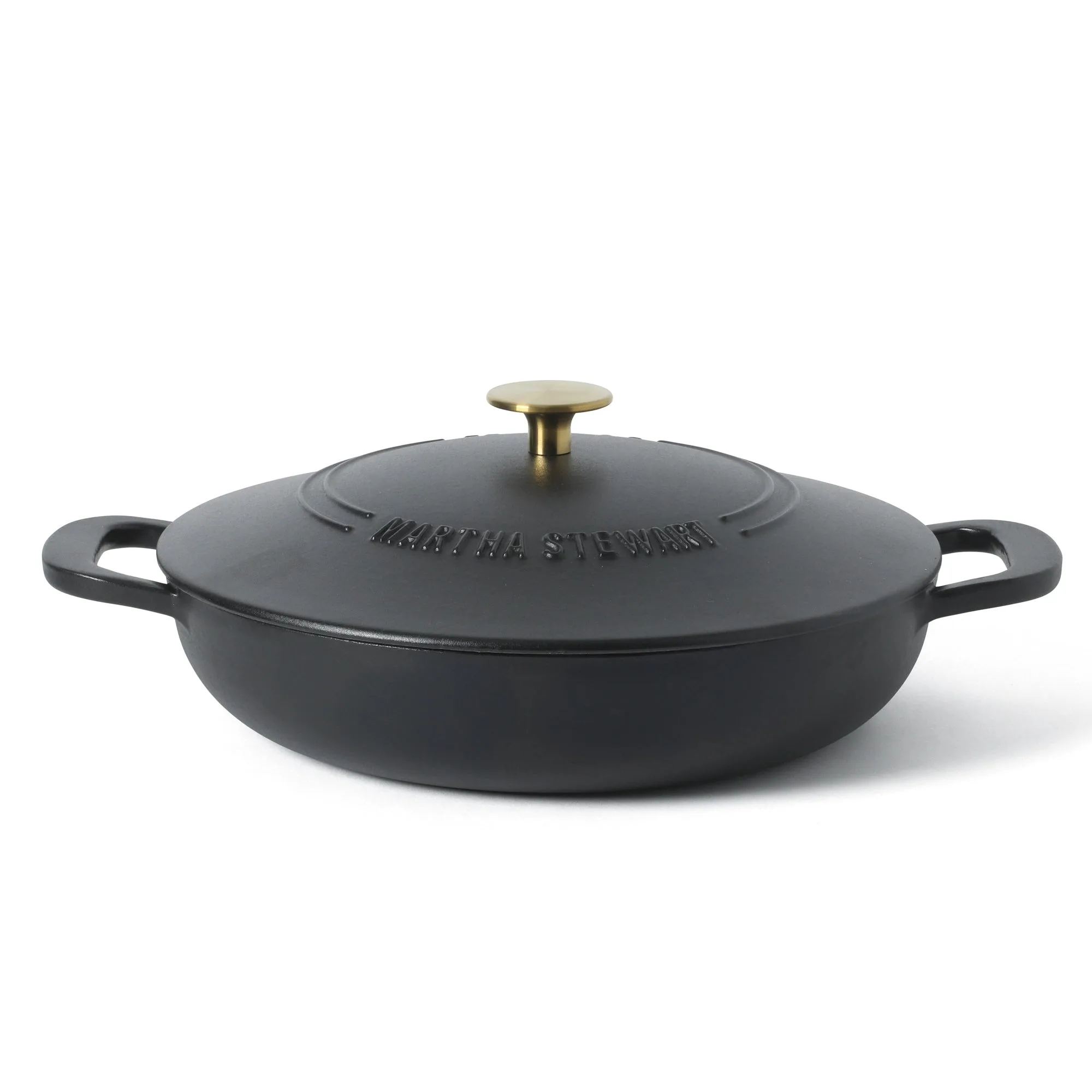 Martha Stewart Gatwick Enameled Cast Iron Braiser with Lid, 3.5-Quart Braiser Pan for Stovetop & Oven, Cast Iron Braising Pan with Gold Knob