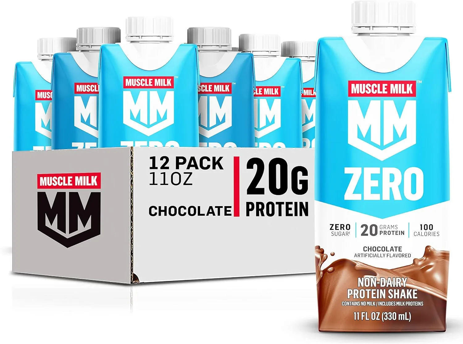Muscle Milk Zero Protein Shake, Chocolate, 11 Fl Oz Carton, 12 Pack, 20g Protein, Zero Sugar, 100 Calories, Calcium, Vitamins A, C & D, 4g Fiber, Energizing Snack, Workout Recovery, Packaging May