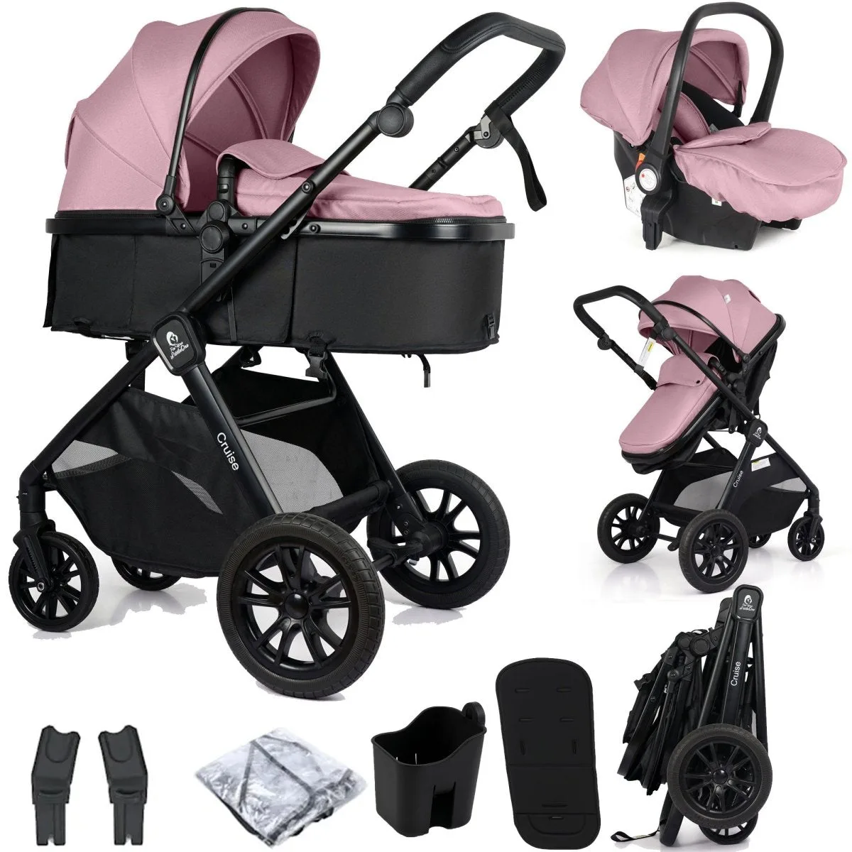 Sistema de viaje Cruise 3 en 1 con silla de coche de For Your Little One - Blush Rose - Grado A Liquidación