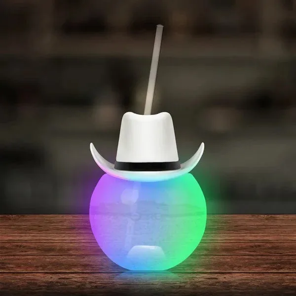 LED White Cowboy Hat Ball Cup With Straw