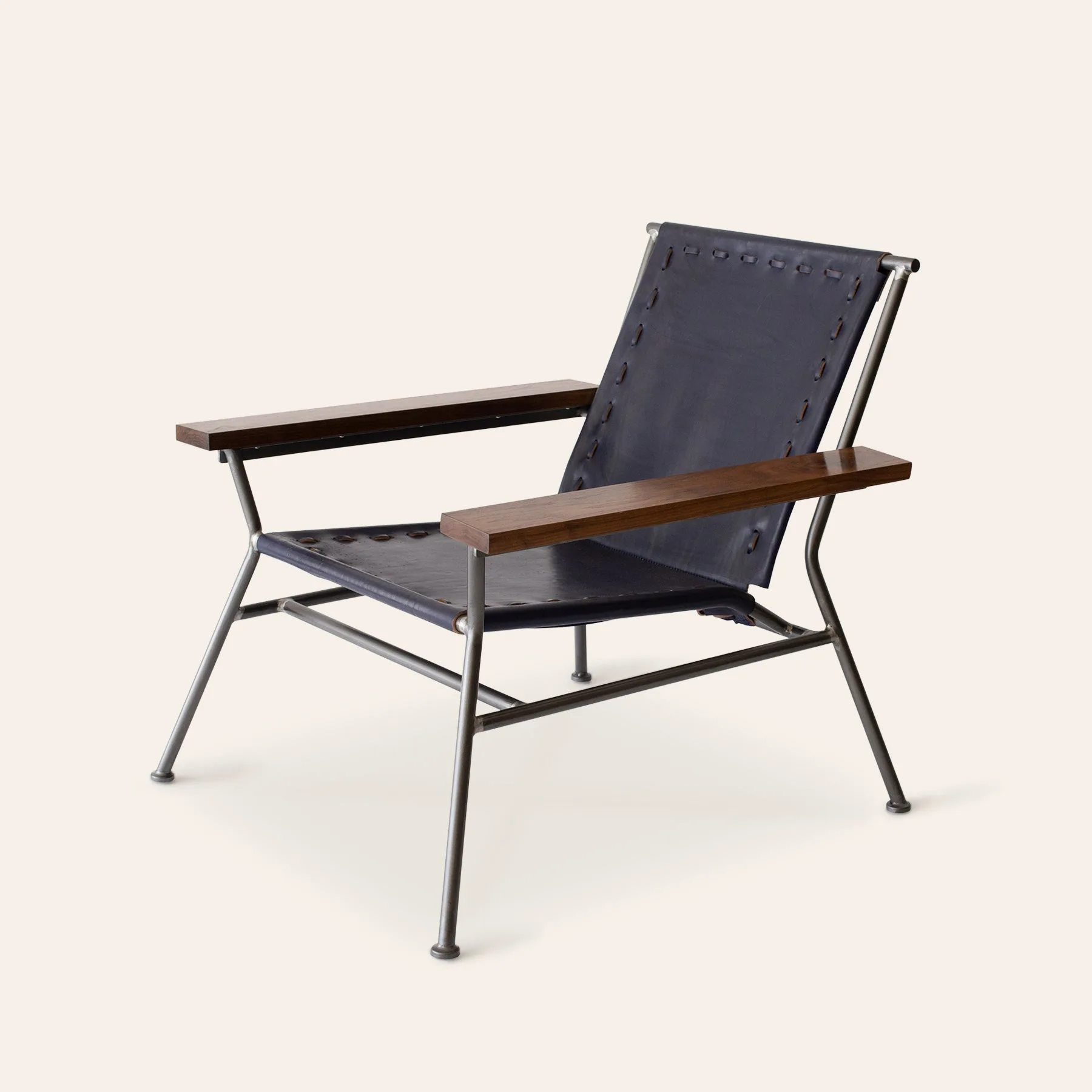 Saddle Leather Arm Chair in Blue with Natural Steel Base