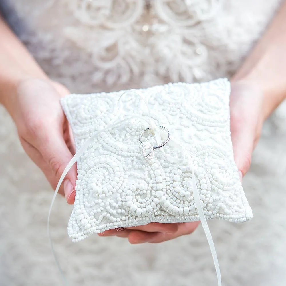 White Beaded Miniature Wedding Ring Pillow - Wedding Ceremony