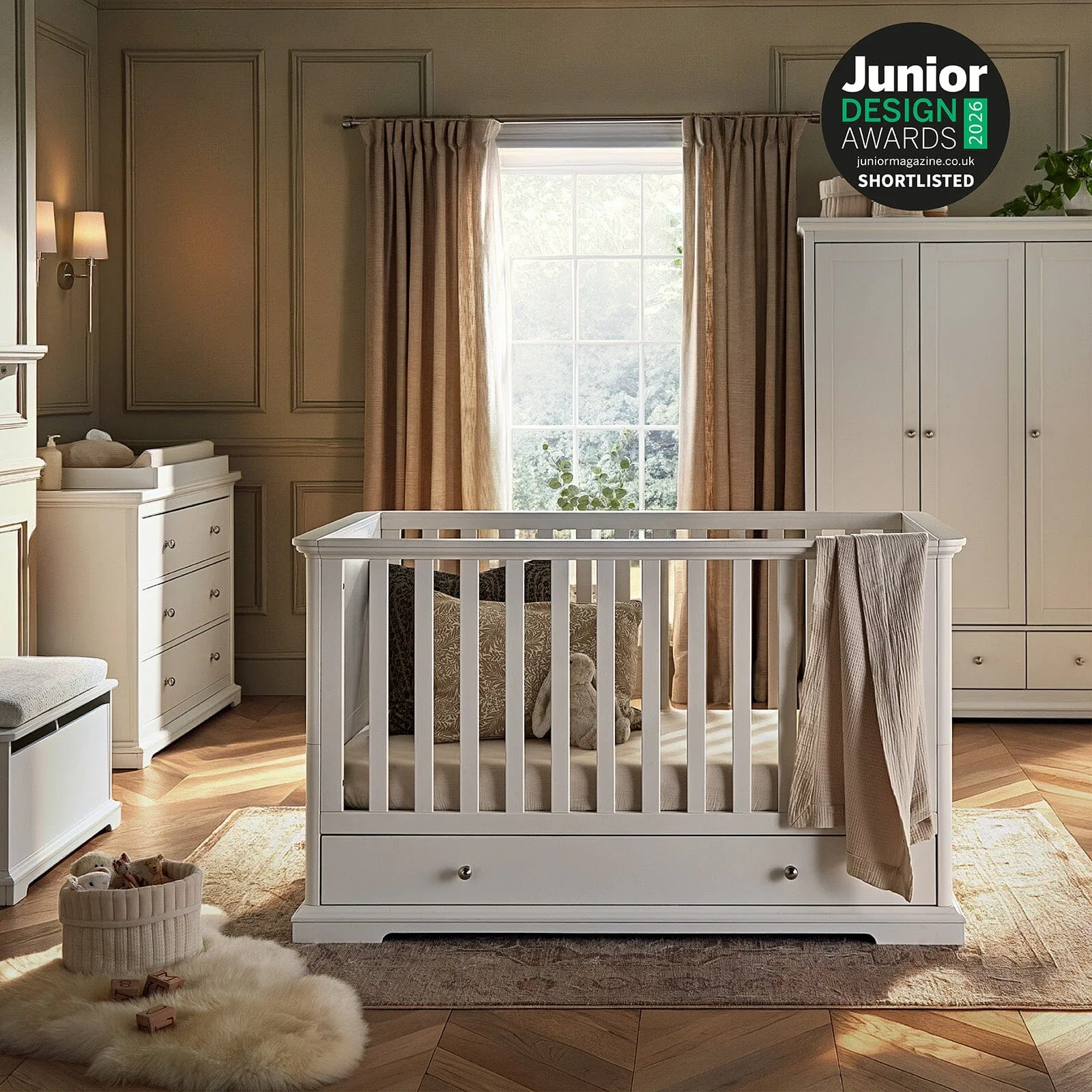 Beaumont Cot Bed and Shelf: Coordinating White Nursery Furniture