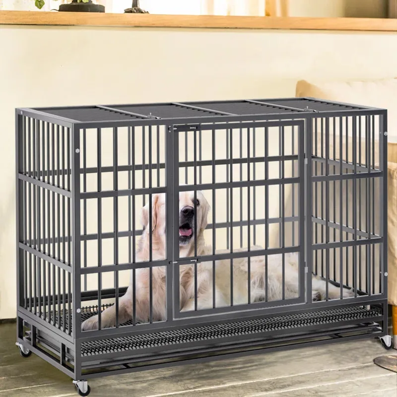 Adrihana Schwere Hundebox mit abschließbaren Rollen, große Hundekennel für Innen mit herausnehmbarer Wanne