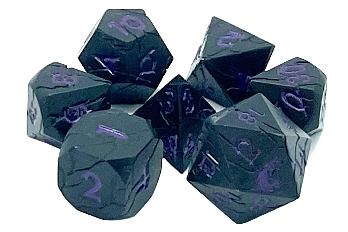 Old School 7 Piece DnD RPG Metal Dice Set: Orc Forged - Matte Black w/Purple