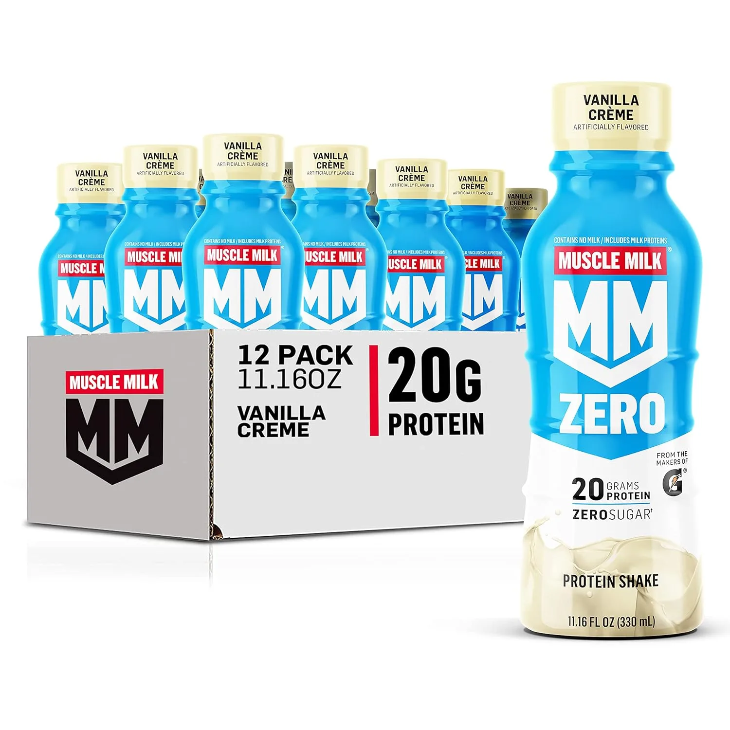 Muscle Milk Zero Protein Shake, Vanilla Crème, 20g Protein, Zero Sugar, 100 Calories, Calcium, Vitamins A, C & D, 4g Fiber, Energizing Snack, Workout Recovery, Packaging May Vary 11.16 Fl Oz (Pack of