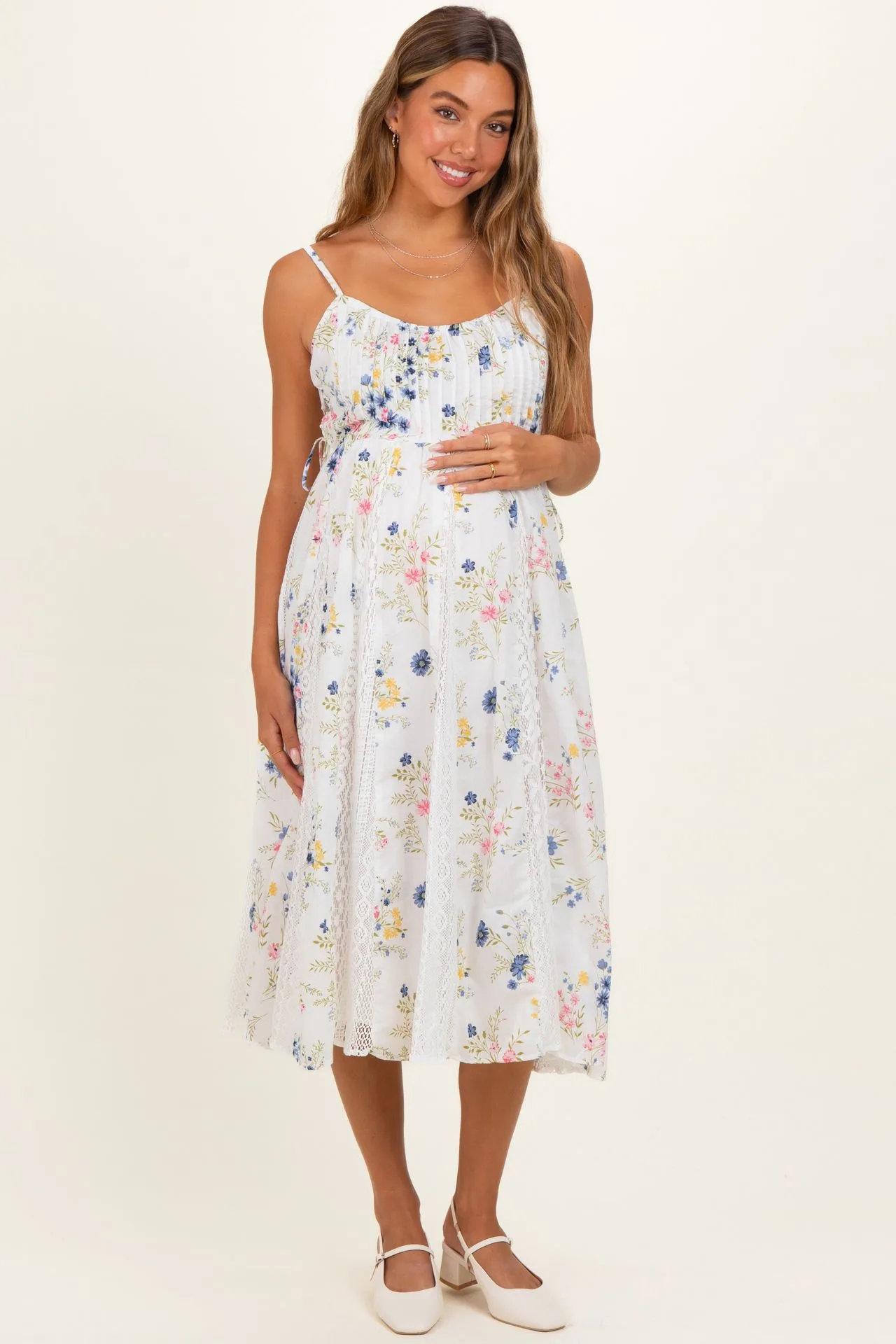 Ivory Pleated Side Tie Lace Accent Maternity Midi Dress