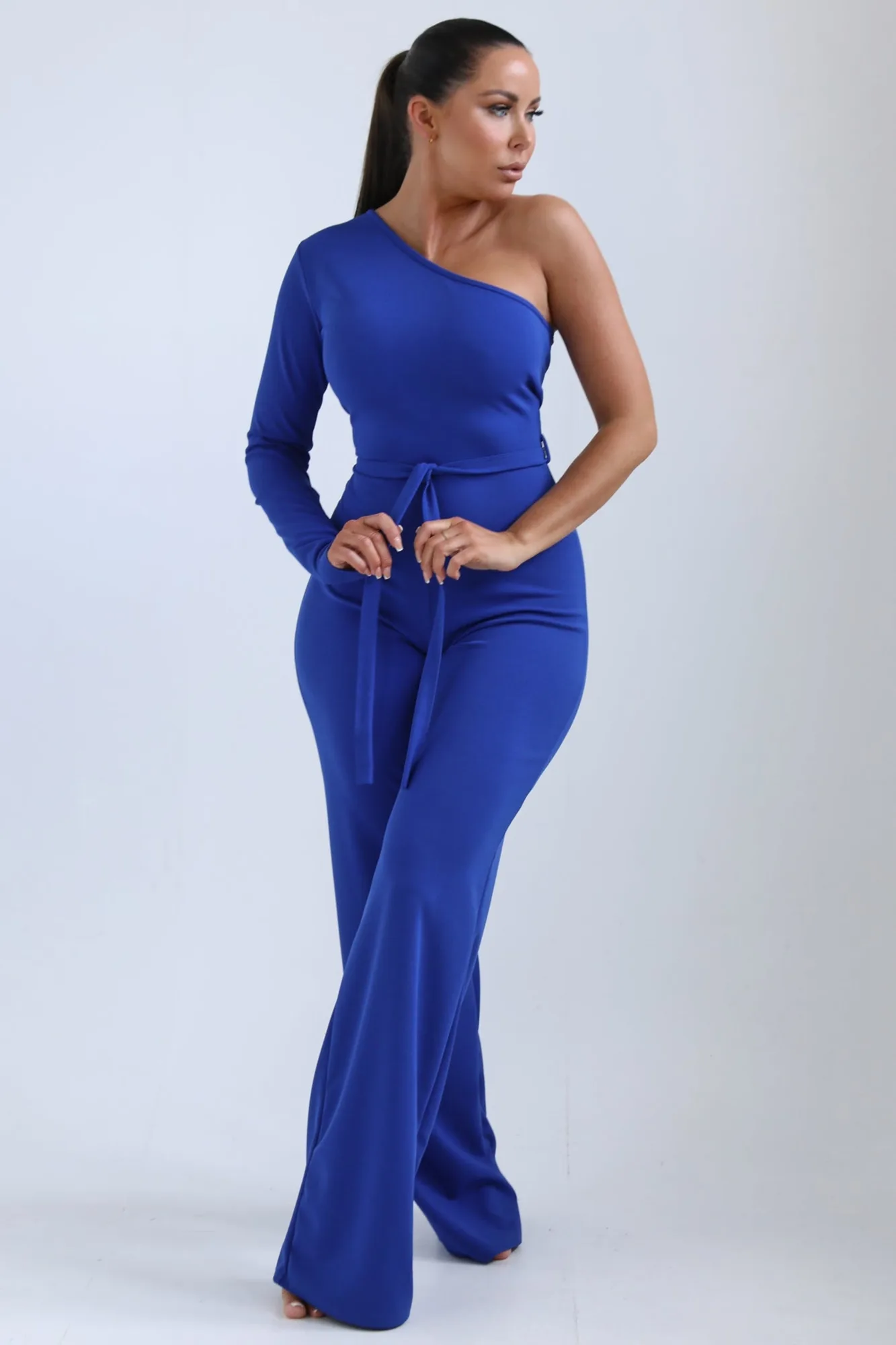 Royal Blue One Shoulder Belted Wide Leg Jumpsuit - Evelyn