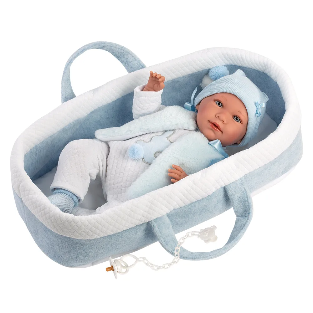 Llorens Weinen Puppe 42 cm – Recién Nacidos mit Babygeräuschen – Bebé Mimo mit hellblauem Tragekorb