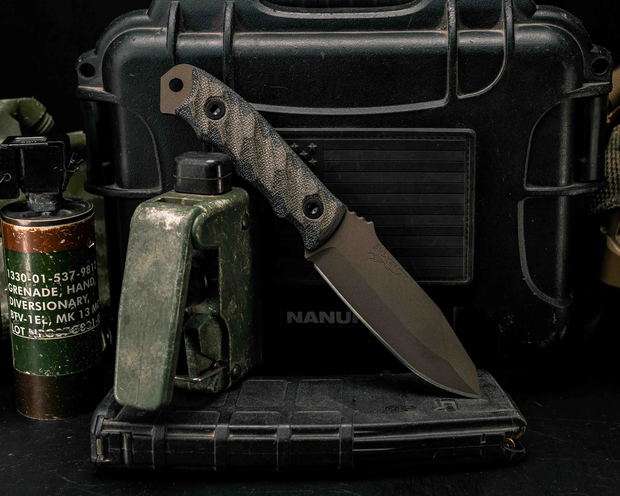 Disaster Jr – OD Green/Black Canvas Micarta, Midnight Bronze Cerakote, Allen Bolts, Textured Grip