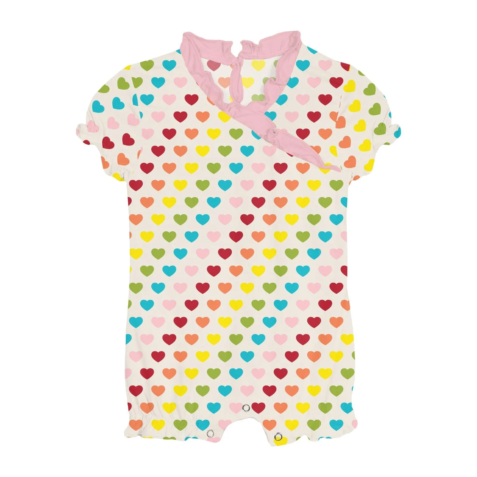 Print Ruffle Romper in Rainbow Hearts