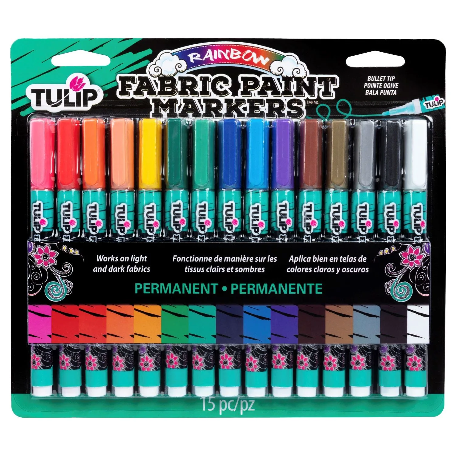 Tulip Bullet-Tip Fabric Paint Markers Rainbow 15 Pack