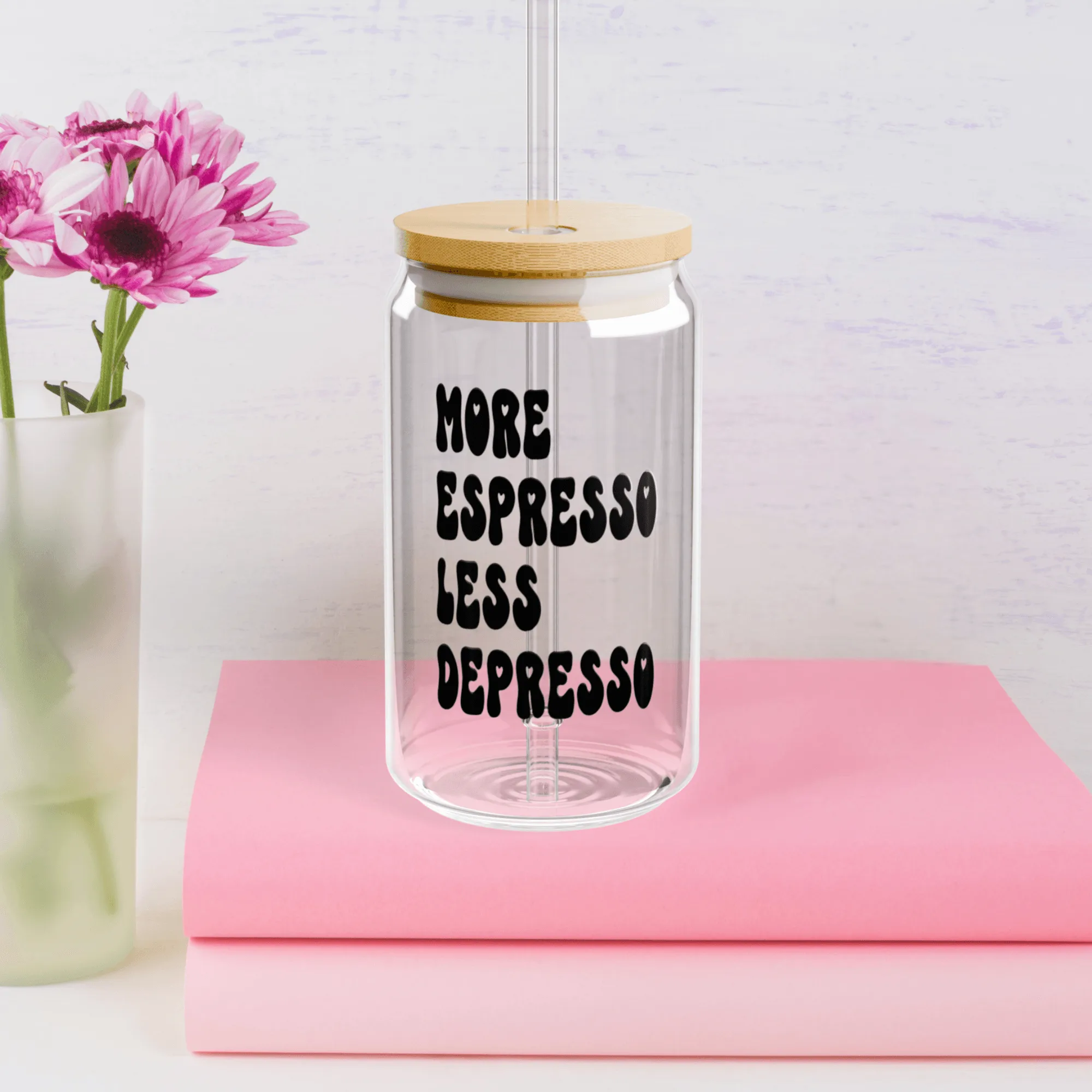 More Espresso, Less Depresso Glass Tumbler w Bamboo Lid & Straw