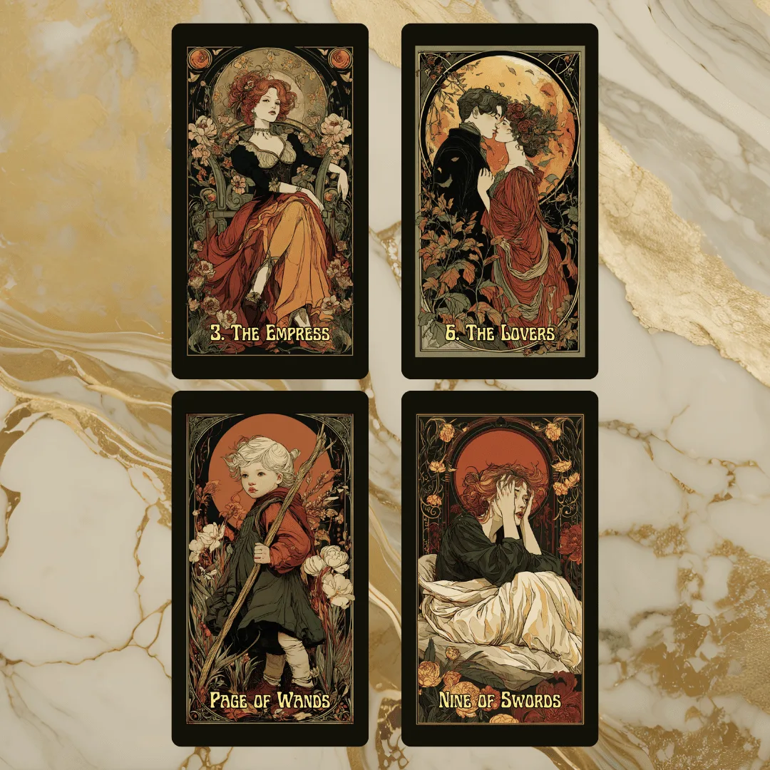 Tarot Nouveau 🌹 Een 78-kaarts tarotdeck van Art Nouveau-elegantie, romantische symboliek en mystiek uit de gouden eeuw