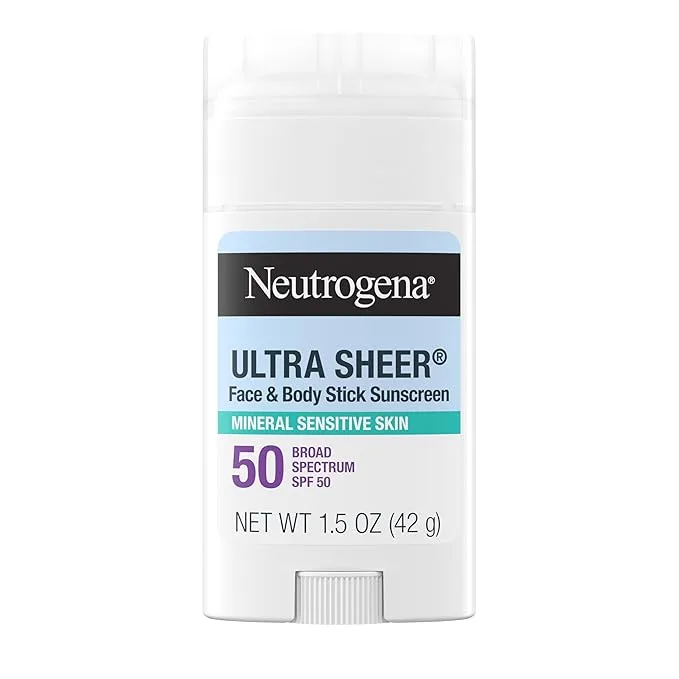 Neutrogena Ultra Sheer Dry Touch SPF 50 Mineral Sunscreen Stick untuk Kulit Sensitif, Zinc Oxide, Tabir Surya untuk Tubuh & Wajah dengan Vitamin E, Tanpa Residu Putih & Vegan, 1.5