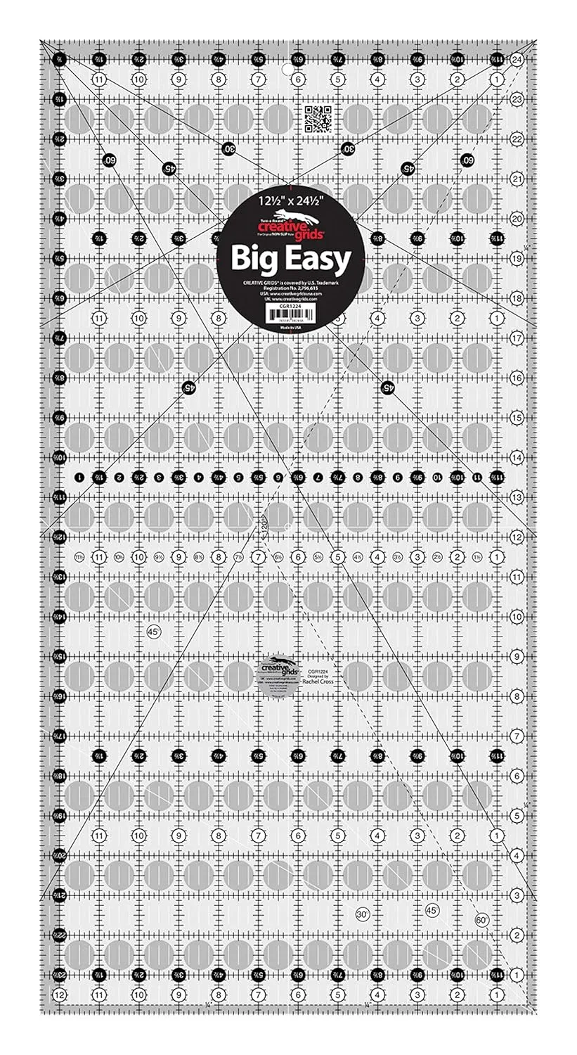 Creative Grids Quilt Ruler 12-1/2in x 24-1/2in Rectangle – CGR1224 – Made in USA, Non-Slip Grip Acrylic Quilting, Sewing, Crafting, Patchwork Ruler for Measuring & Cutting Fabric