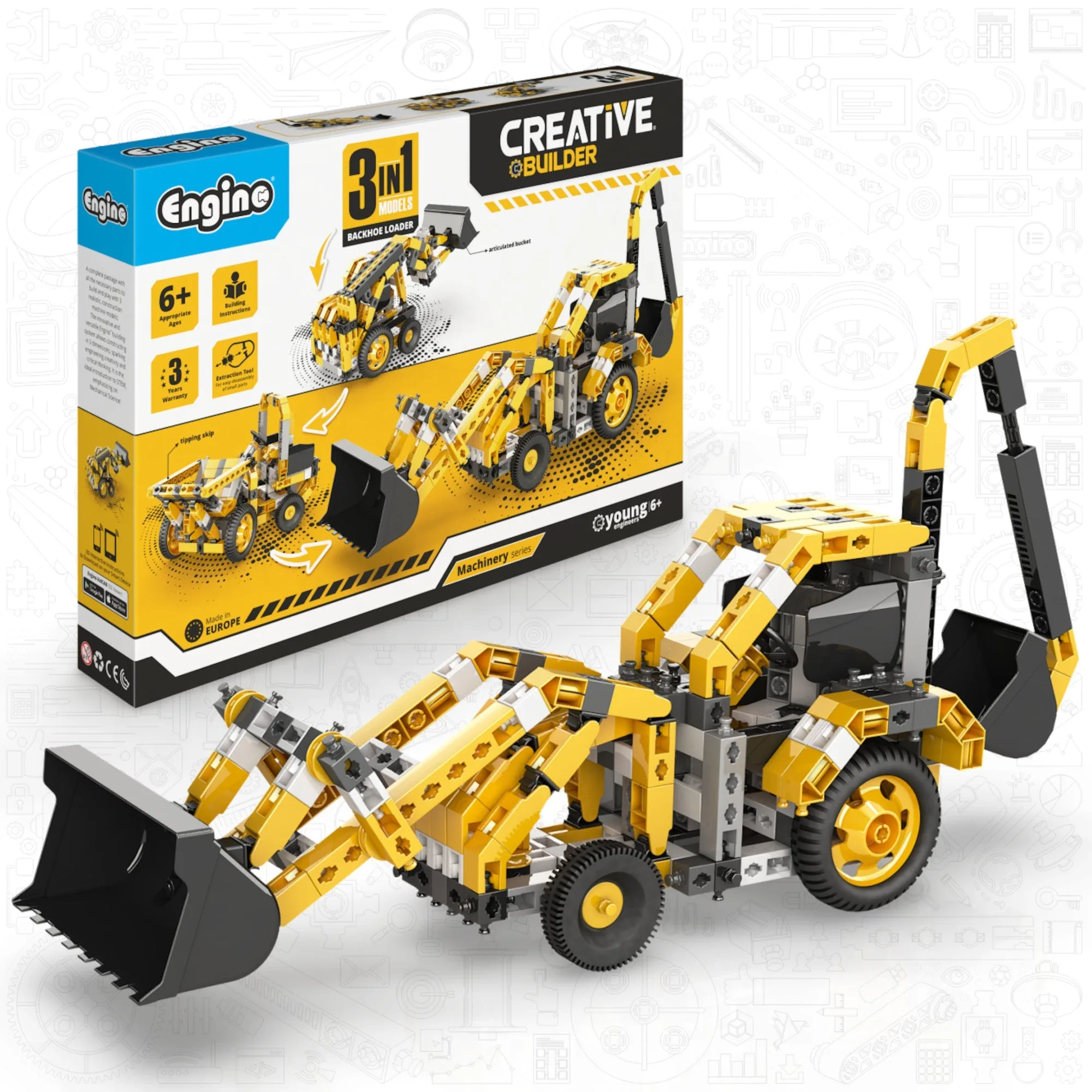 Engino Creative Builder Set de Maquinaria de Cargadora Retroexcavadora: Juguetes Educativos de Ingeniería para Niños de 6+ Años (3 Modelos para Construir)