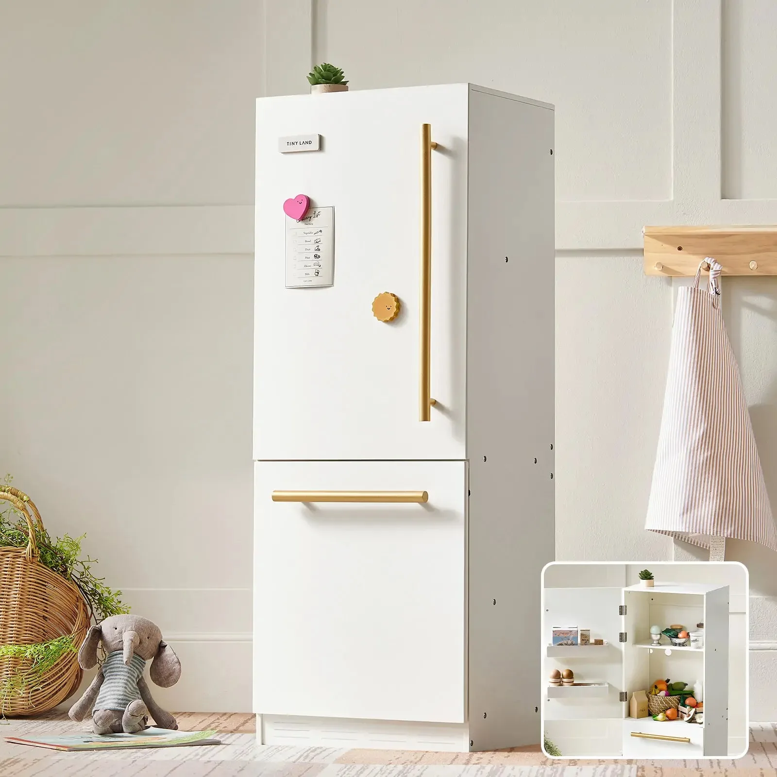 Tiny Land® Spielküchenzubehör – Spielküchenkühlschrank: Hölzerner Schrankkühlschrank für Kinder