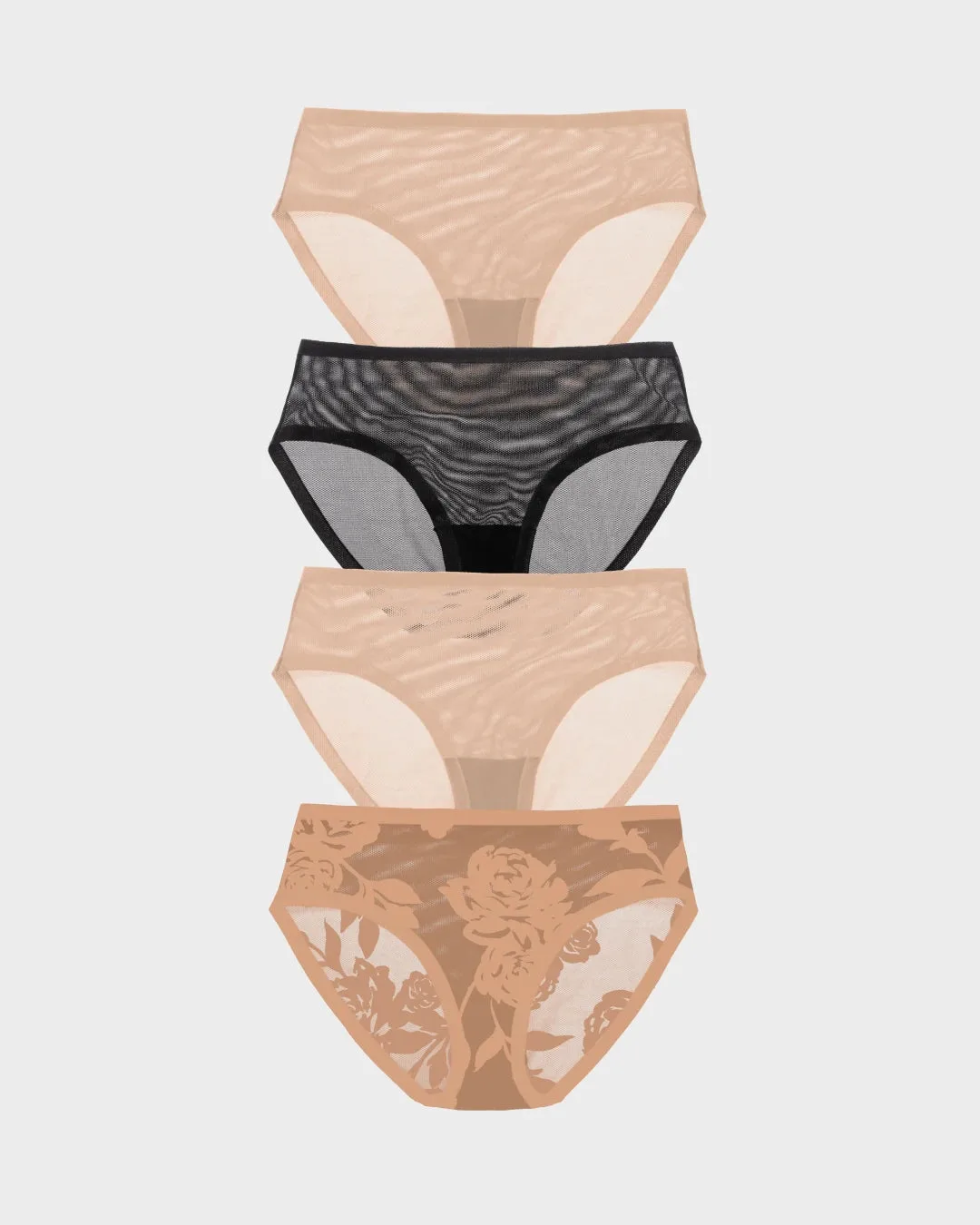 Quatuor de slips transparents Madam Jolie, noir, champagne