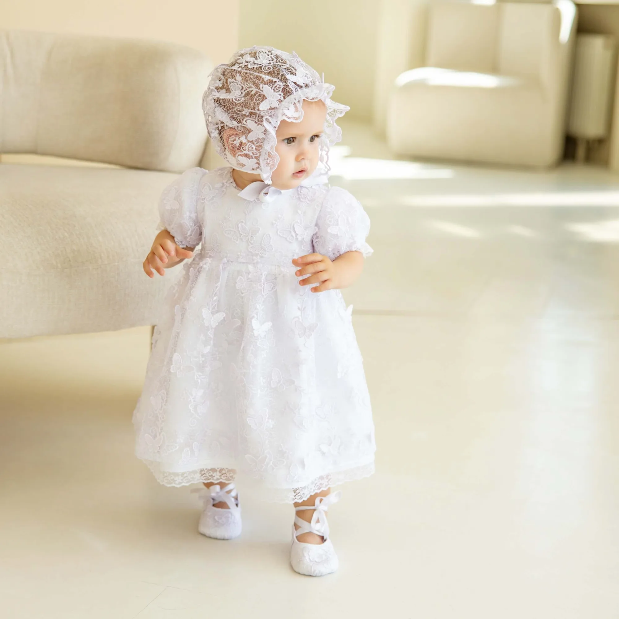 INESSA Baptism Dress Set with Lace Hat for Girls – Cotton Ceremony Outfit