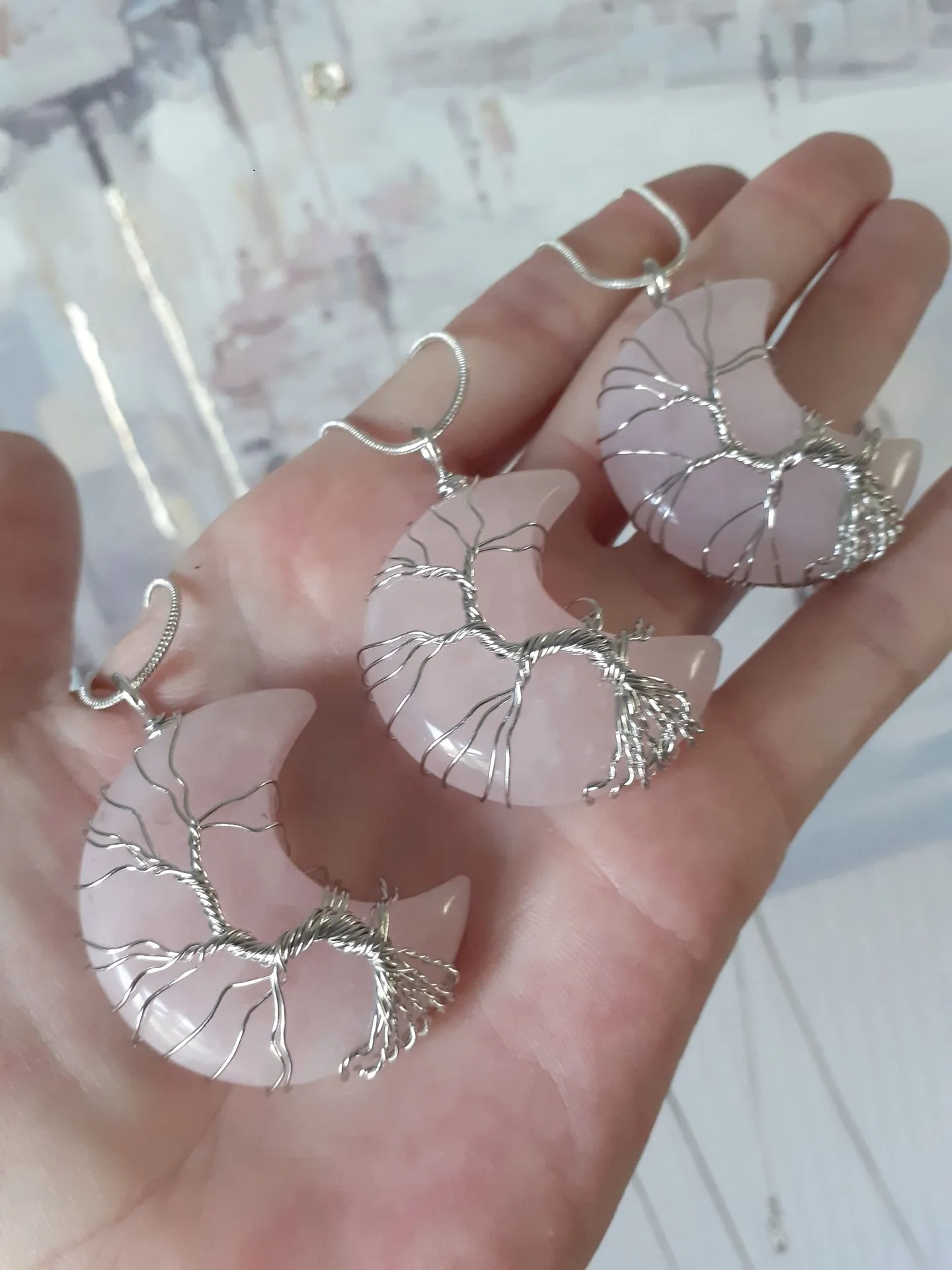 Rose Quartz Moon Tree of Life Wire Wrap Pendant