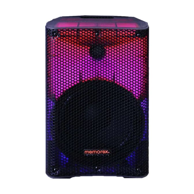 مكبر صوت PA من Memorex MX-PS801 8 بوصة مع هيكل شفاف | 500W PMPO، بلوتوث | اقتران TWS، إضاءة LED | 50W RMS ثنائي التضخيم، تشغيل USB وSD | مدخل ميكروفون، تصميم محمول