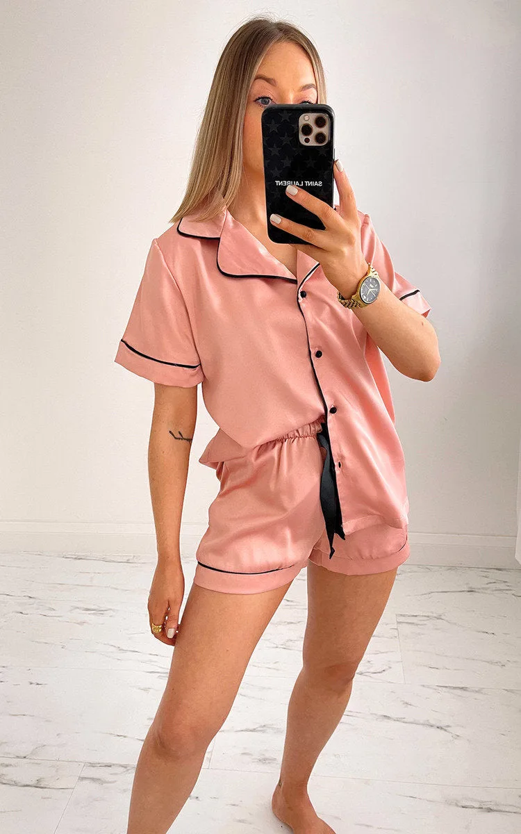 Rose Piped Satin Shorts Pyjama Set - Crystal