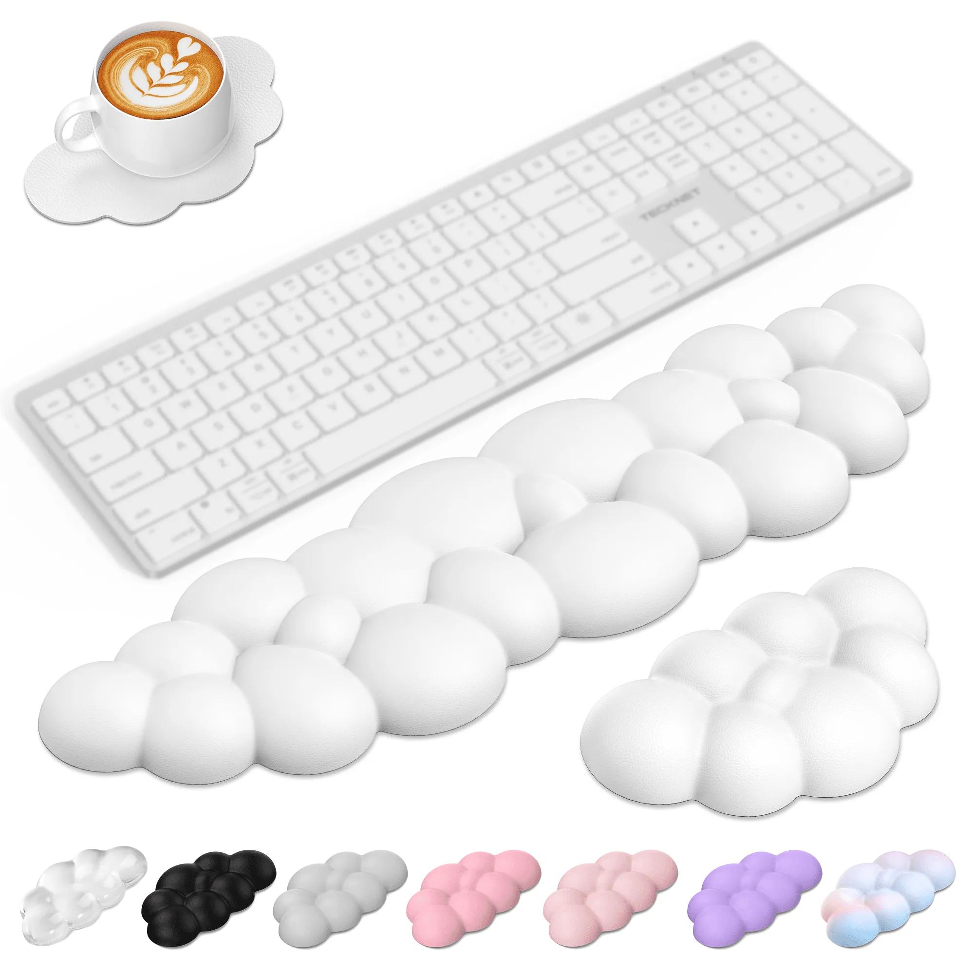 TECKNET BASICS Cloud キーボード リストレストセット、滑り止めPUレザー製リストパッド、人間工学に基づくメモリーフォーム、ノートパソコン/オフィス/ゲーム用、痛み軽減、ホワイト