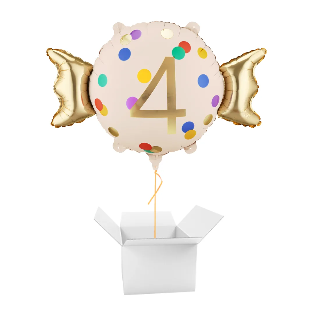 Colourful Dots & Gold 4th Birthday Sweet Candy Shaped Foil Balloon – Inflated Balloon In A Box