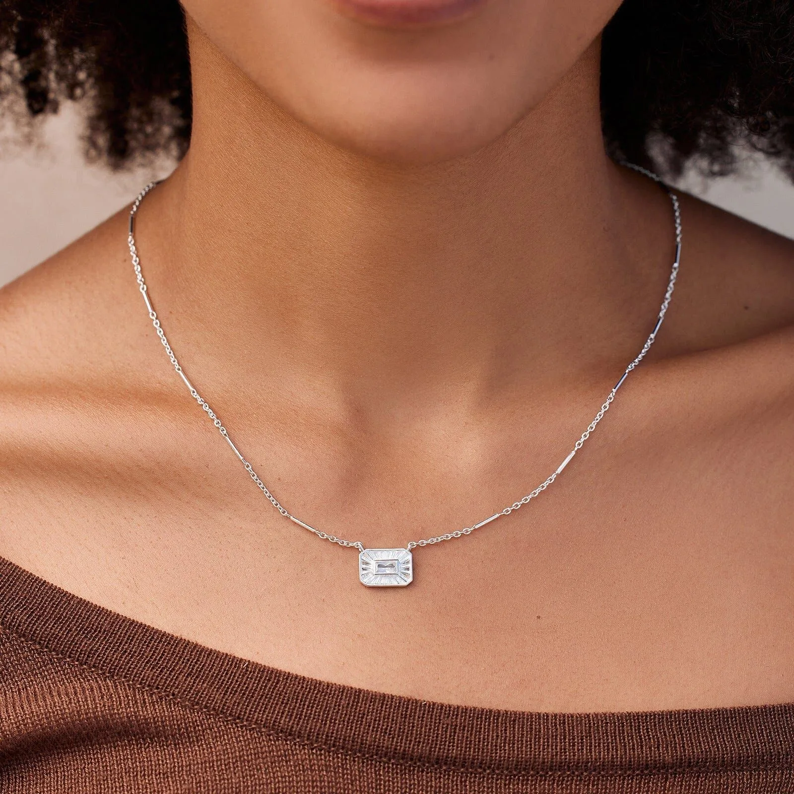 Silver Baguette Sunburst Pendant Necklace