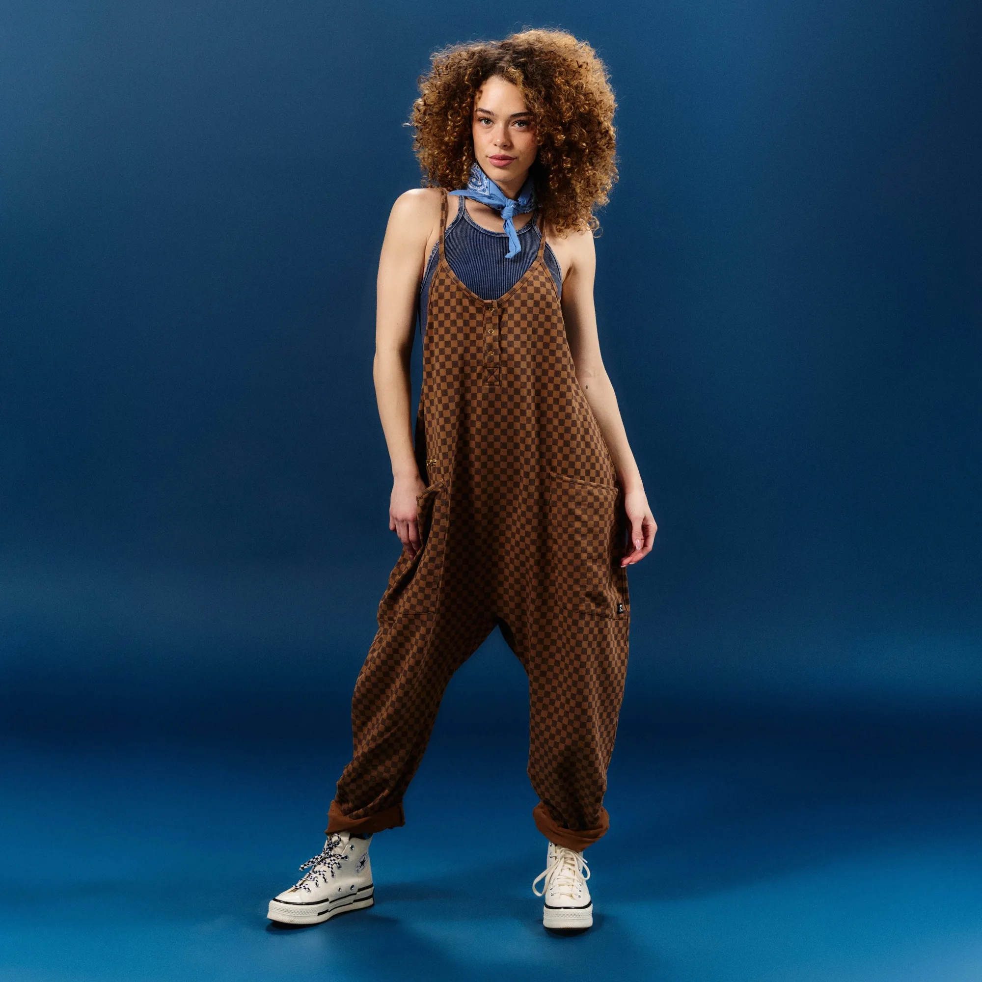 How to Style a Women's Tank Romper in Washed Cocoa Brown Mini Check