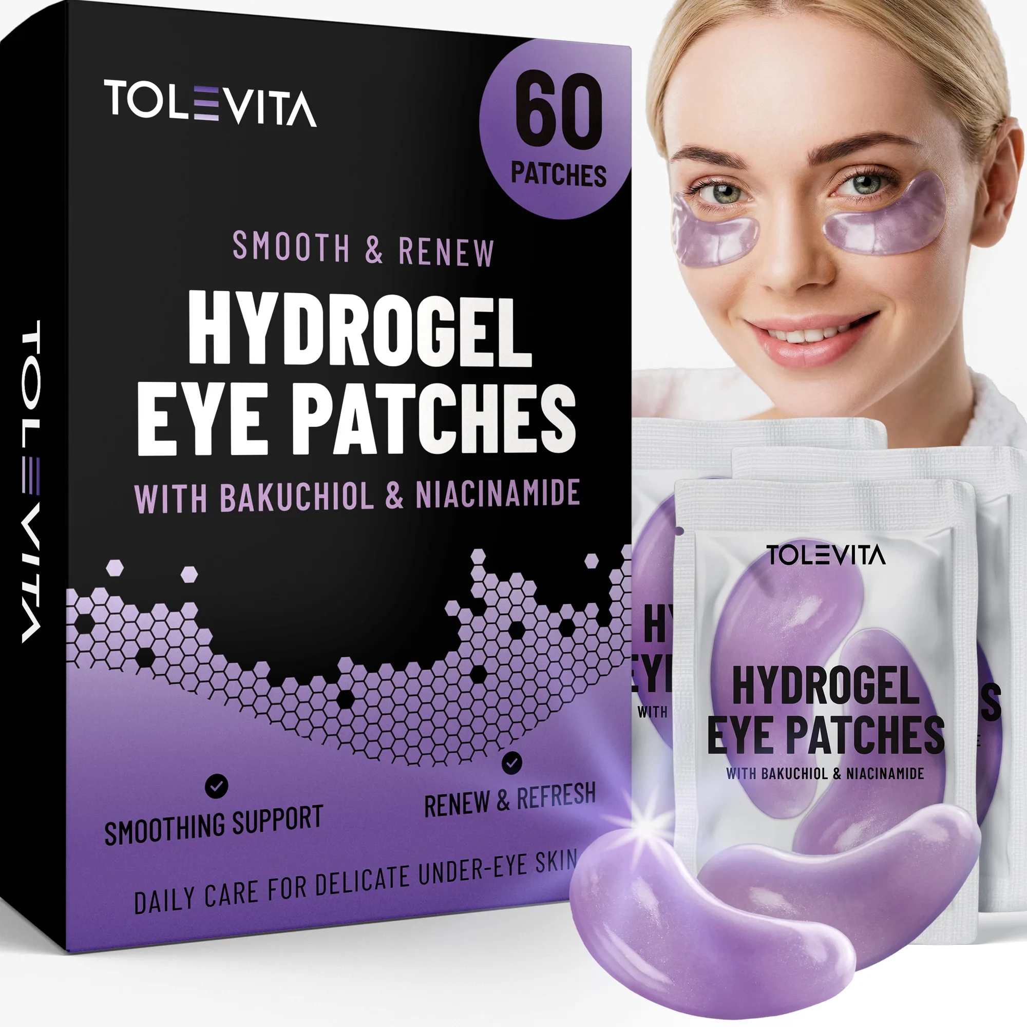 Parches Oculares de Hidrogel, Mascarillas Contorno de Ojos Suavizantes y Renovadoras con Bakuchiol y Niacinamida, 60 Parches