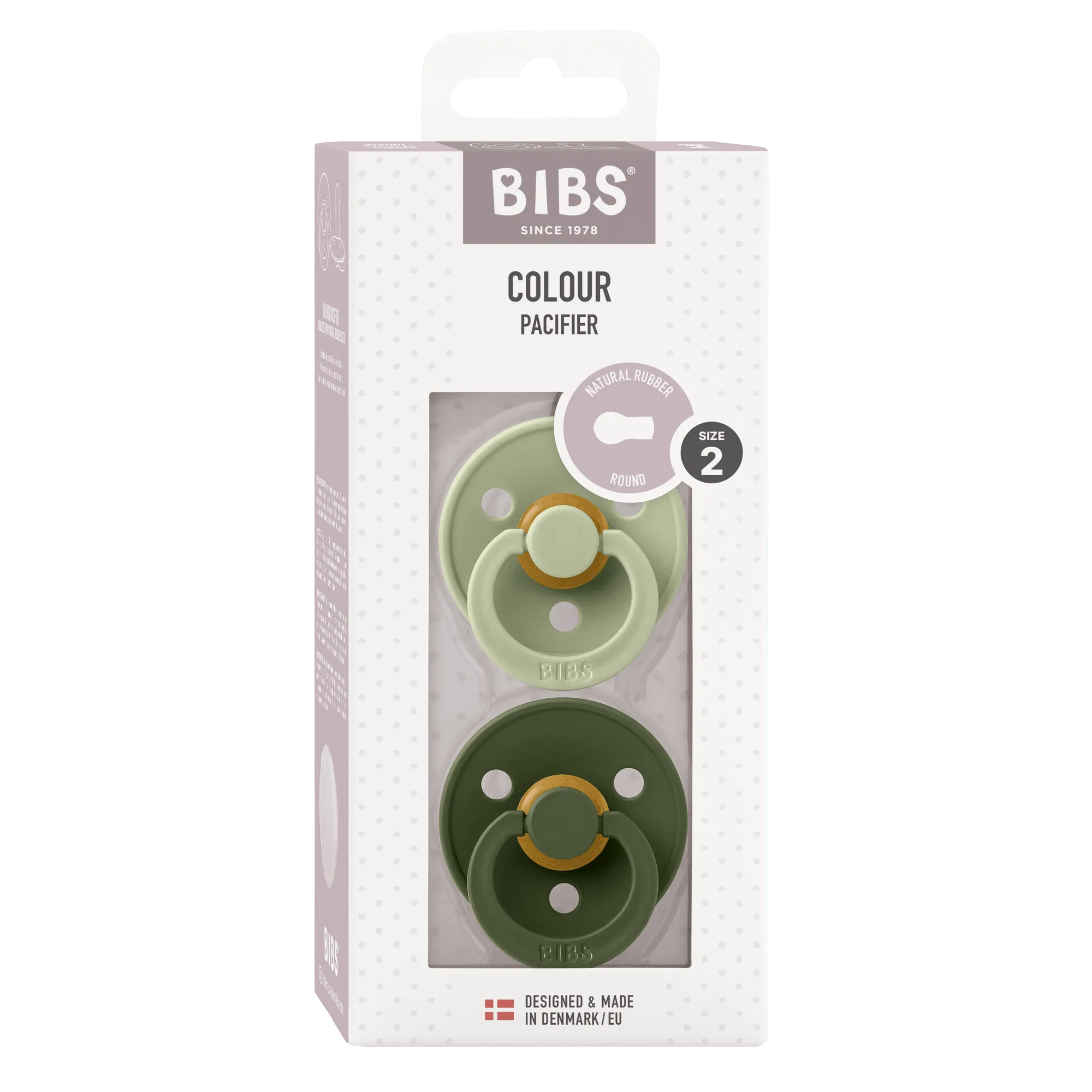 Sucettes rondes en latex BIBS Colour Taille 2 – Sauge & Vert chasseur (Lot de 2)