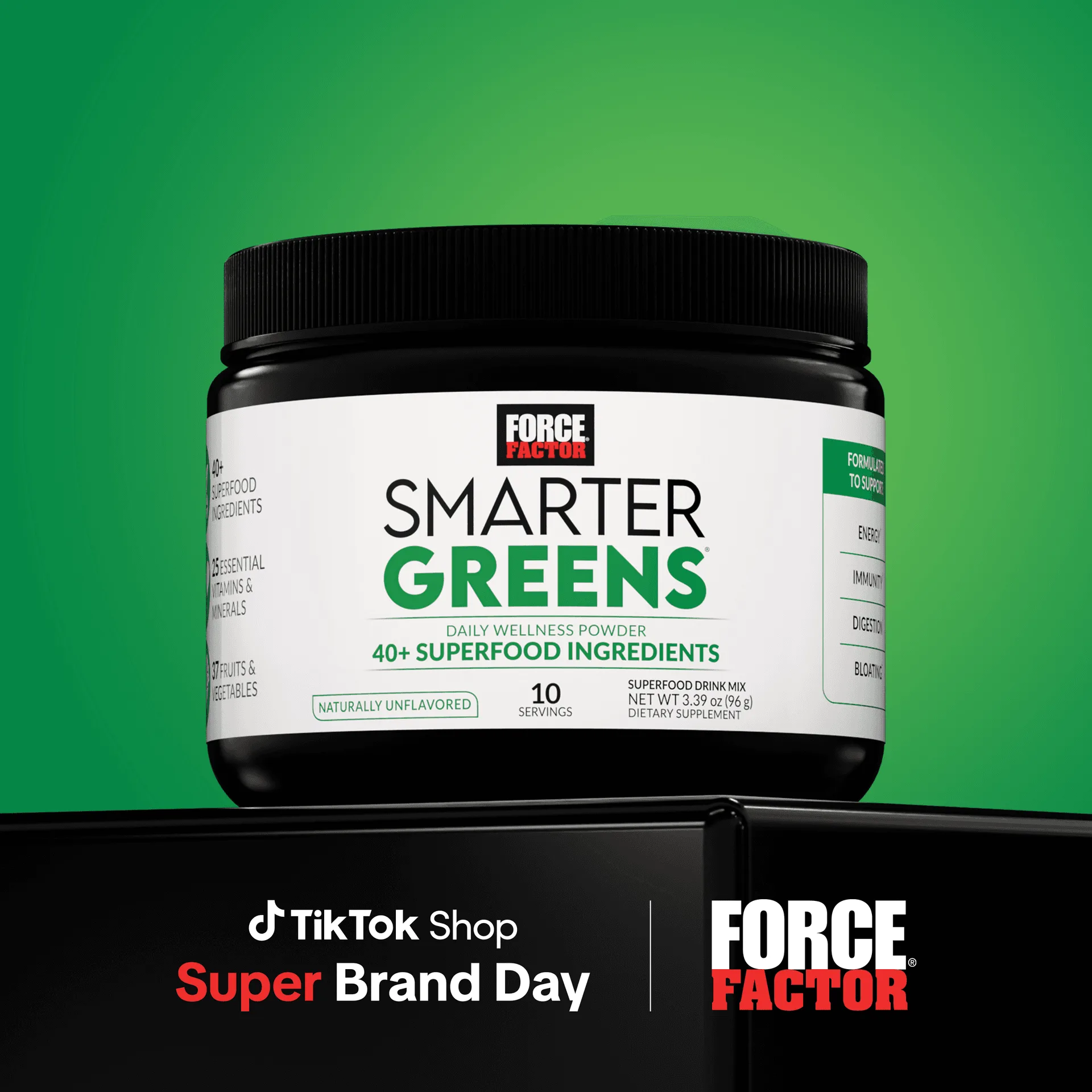 Force Factor Smarter Greens Daily Wellness Powder, Greens Superfood Powder to Support Gut Health, Bloating, & Digestion, with 40+ Superfoods, 125 Million CFUs of Probiotics, Unflav