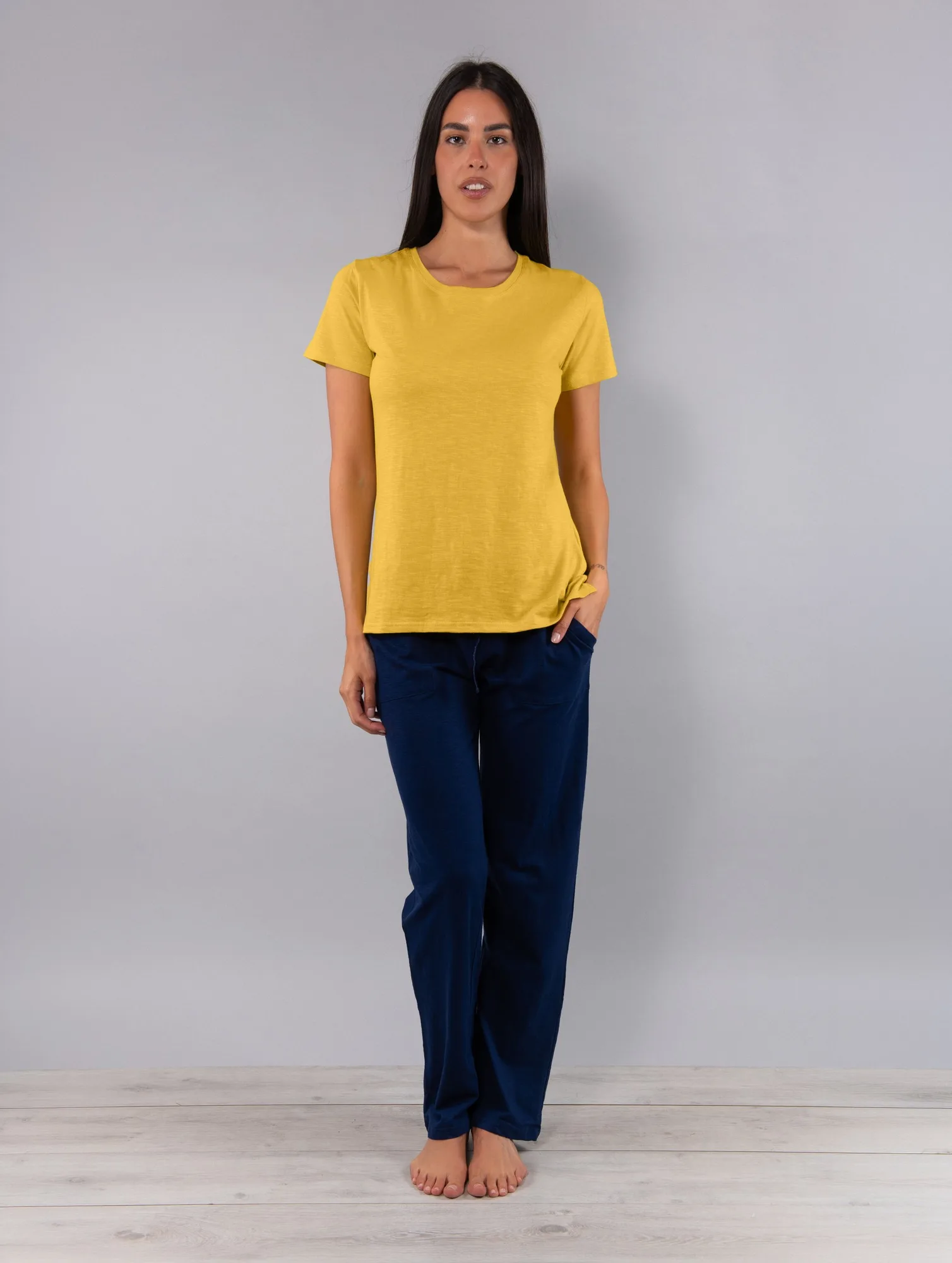 Pigiama in cotone con girocollo, manica corta e pantalone lungo - OCRA/BLU - CI16
