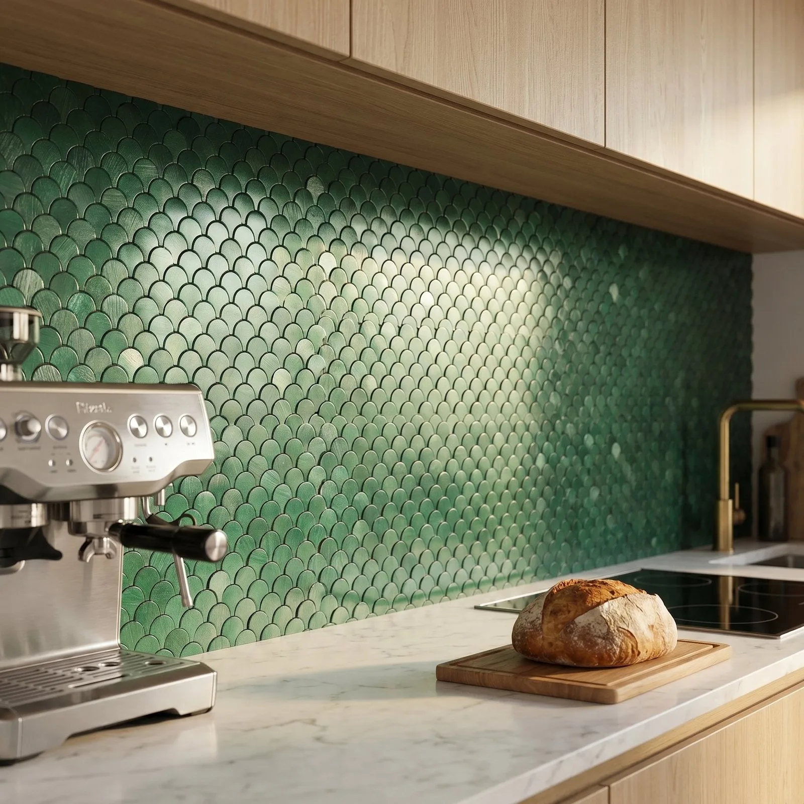 Peel and Stick Backsplash | Fish Scale 3D Dark Green | 11.73×11.34"