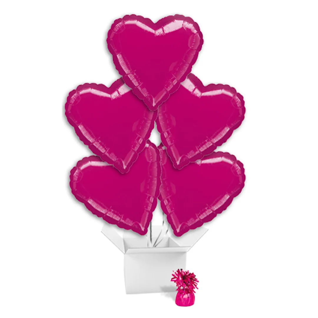 Metallic Fuchsia Pink Heart Foil Balloon Bouquet – 5 Inflated Balloons in a Box