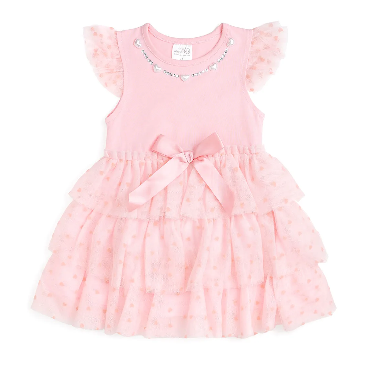 Flocked Heart Tiered Short Sleeve Tutu Dress
