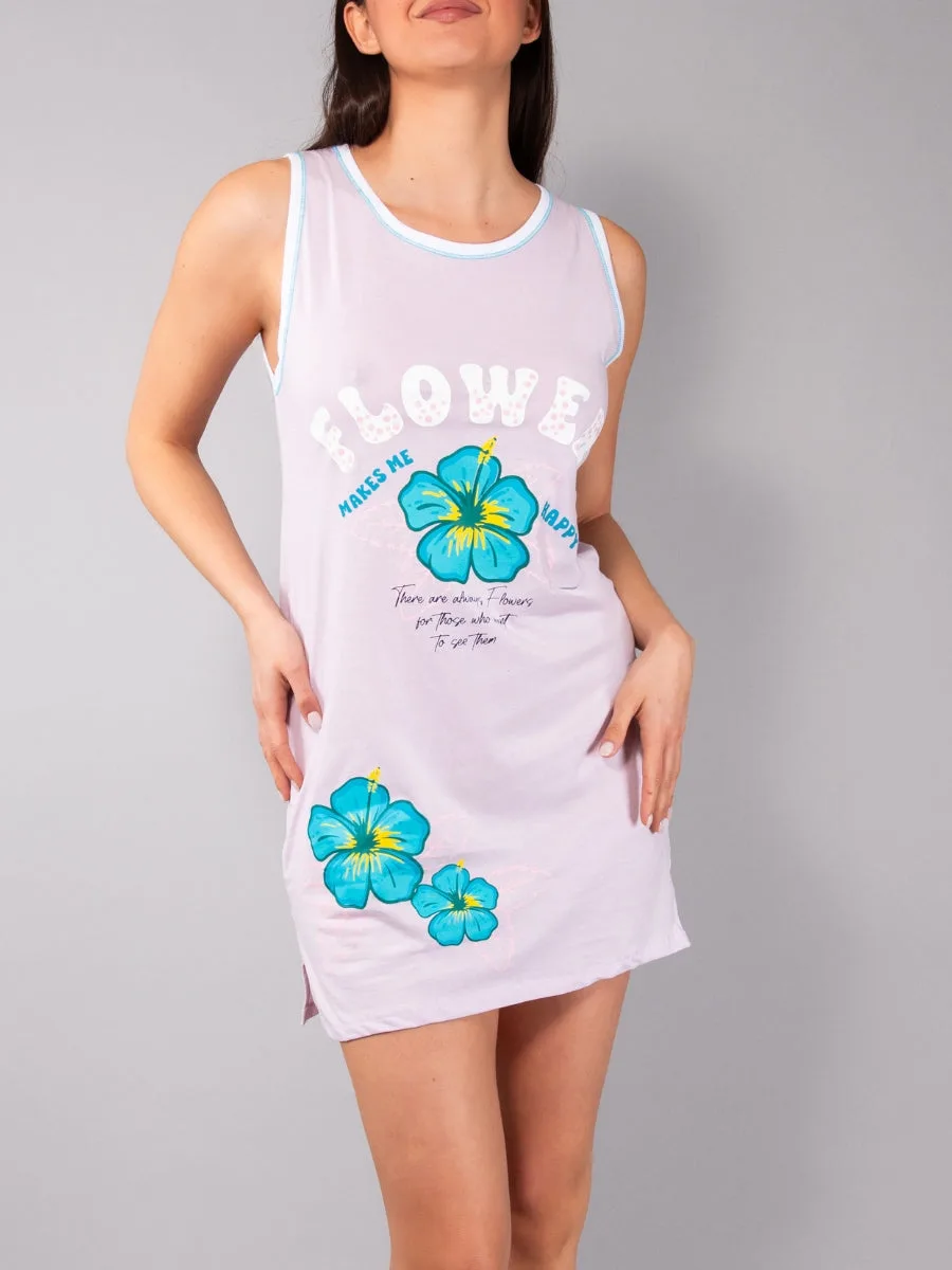 Maxi-Shirt aus 100% Baumwolle, breite Schultern, Blumenprint - LILLA - OR42